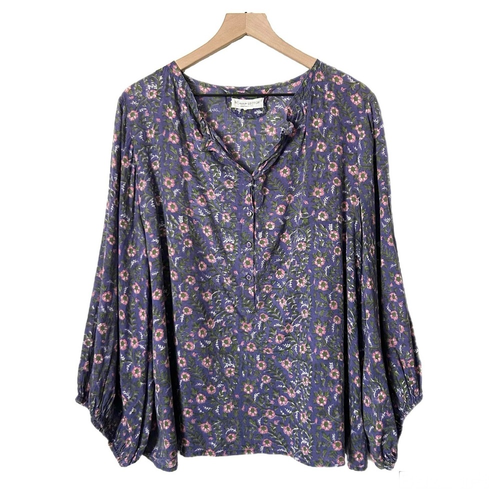 Emerson Fry India Collection Purple Floral Hand Block Print Balloon Sleeve Top M
